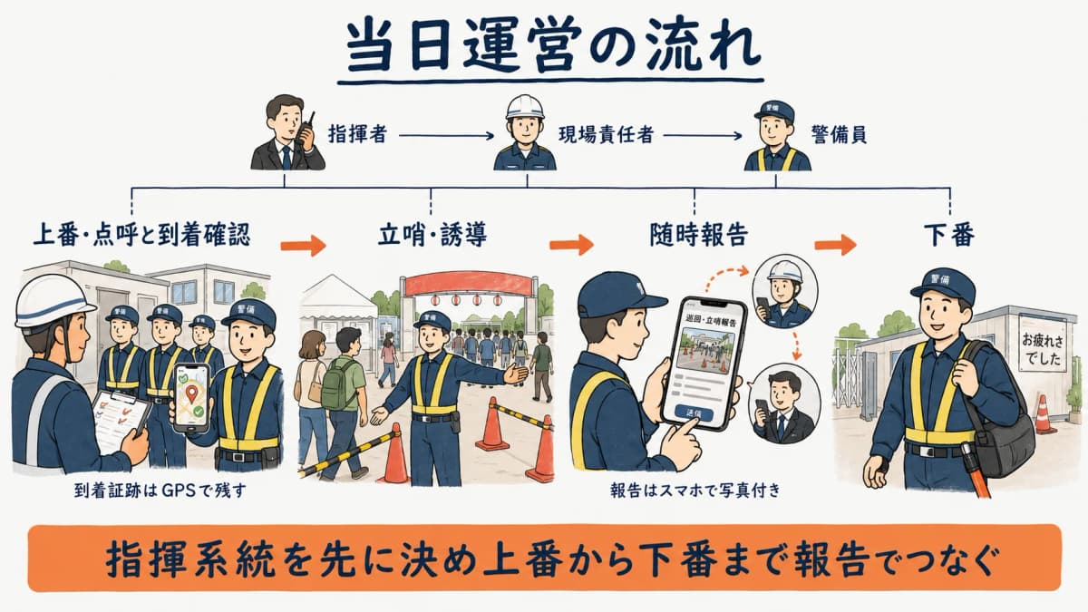 雑踏警備当日の運営フロー図。上番の点呼から立哨・誘導、随時報告、下番までの流れと連絡体制