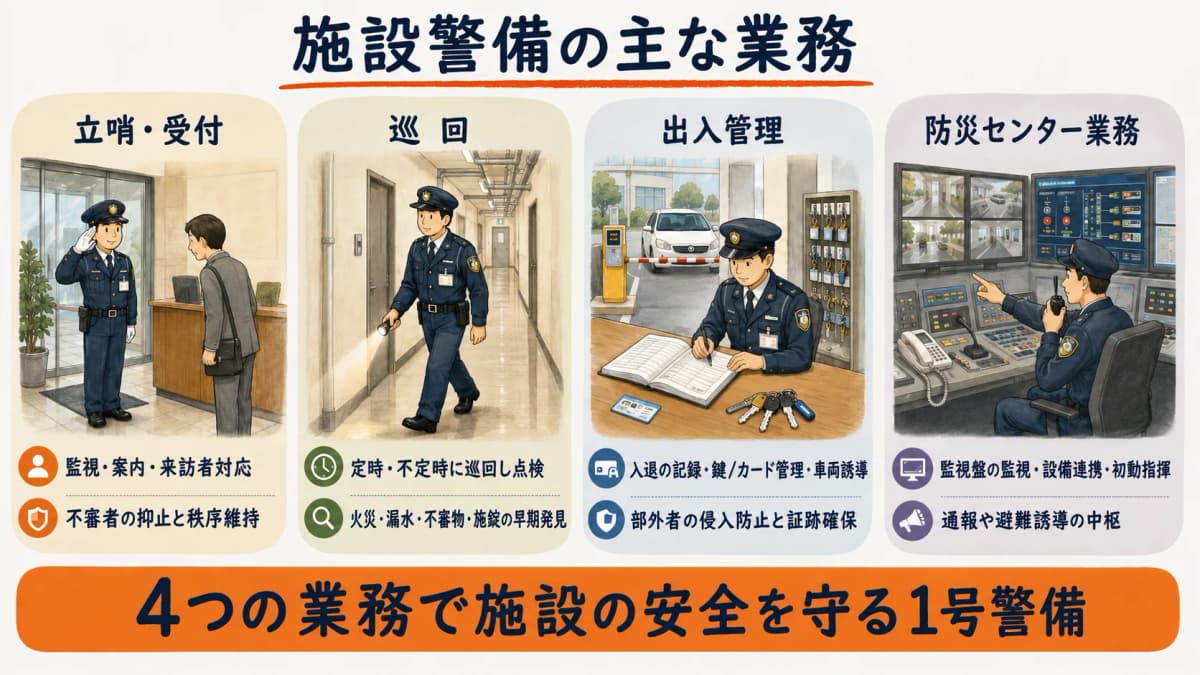 施設警備の主要業務を立哨・受付、巡回、出入管理、防災センター業務の4つに整理した業務マップ
