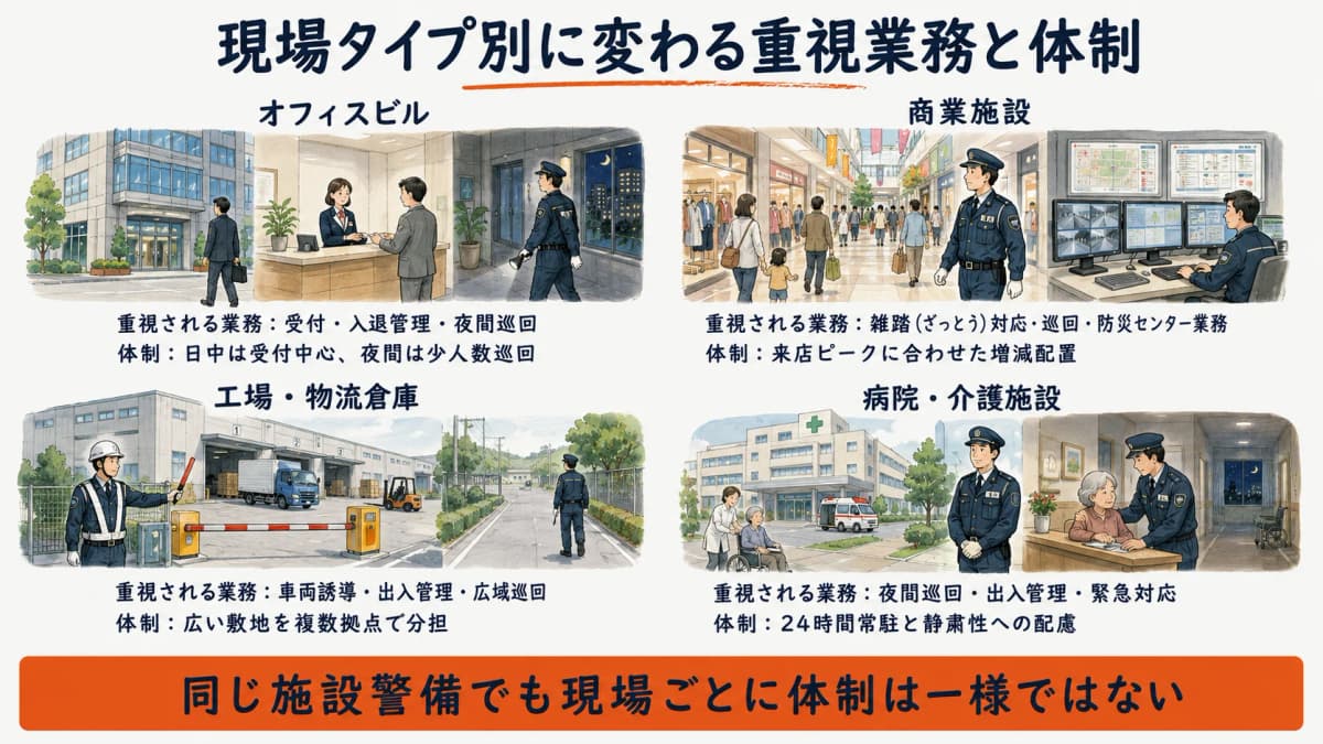 オフィスビル・商業施設・工場物流・病院介護施設の現場タイプ別に重視される施設警備業務と体制の違いを比較した図