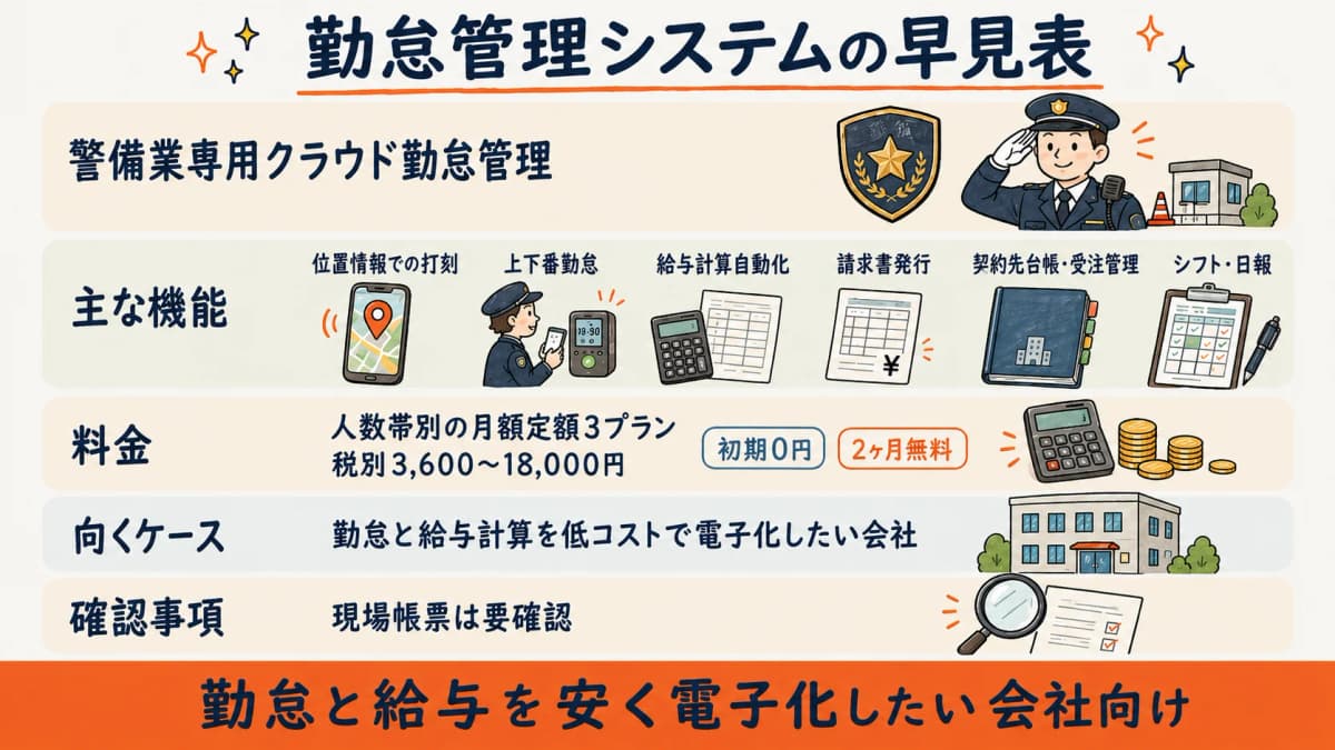 KB-Kintaiの提供会社・種別・主な機能・料金・向くケースをまとめた早見表の図