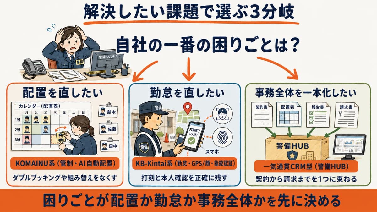 解決したい課題で選ぶKOMAINU・KB-Kintai・一気通貫CRMの3分岐早見表