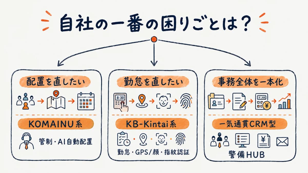 解決したい課題で選ぶKOMAINU・KB-Kintai・一気通貫CRMの3分岐早見表