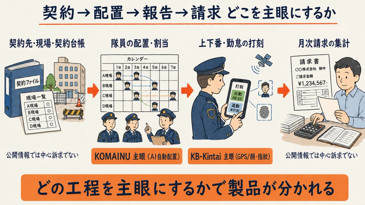 契約→配置→報告→請求の業務マップで各製品の主眼工程を並置した図