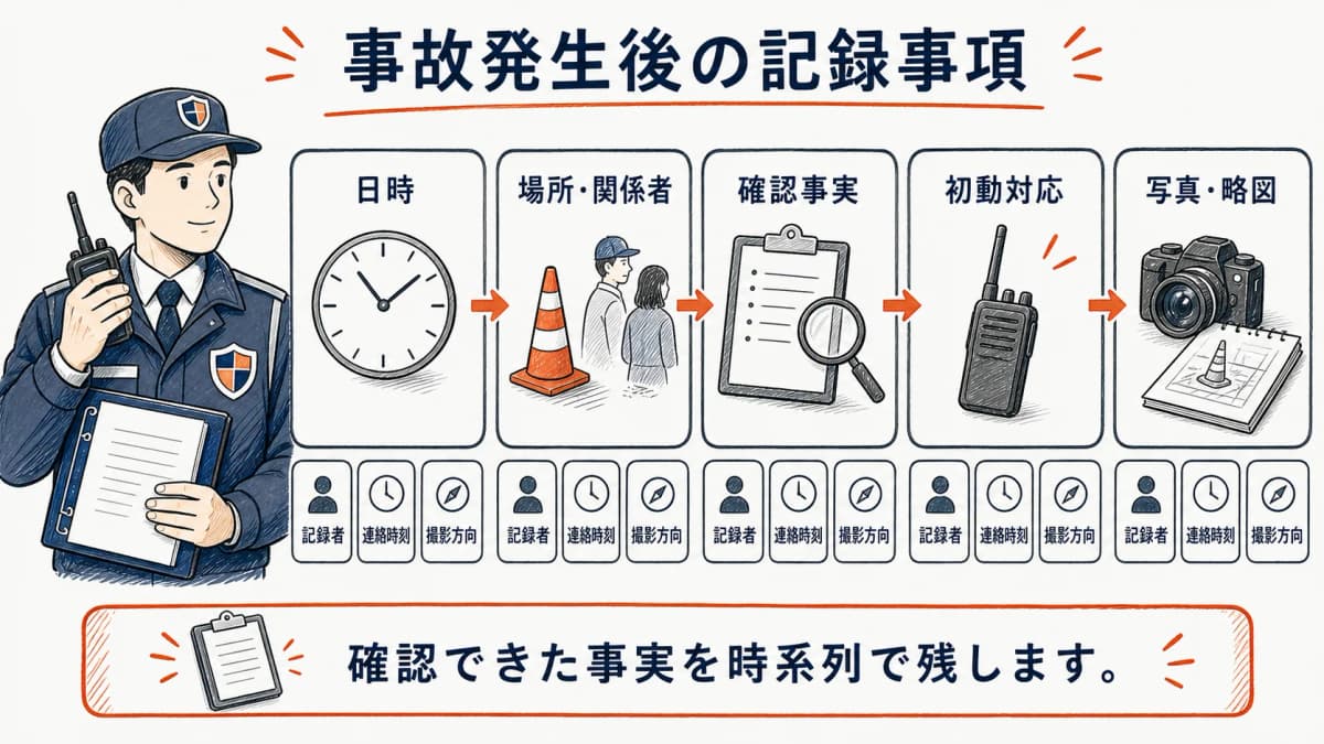 事故発生日時から初動対応までを時系列で残す記録項目