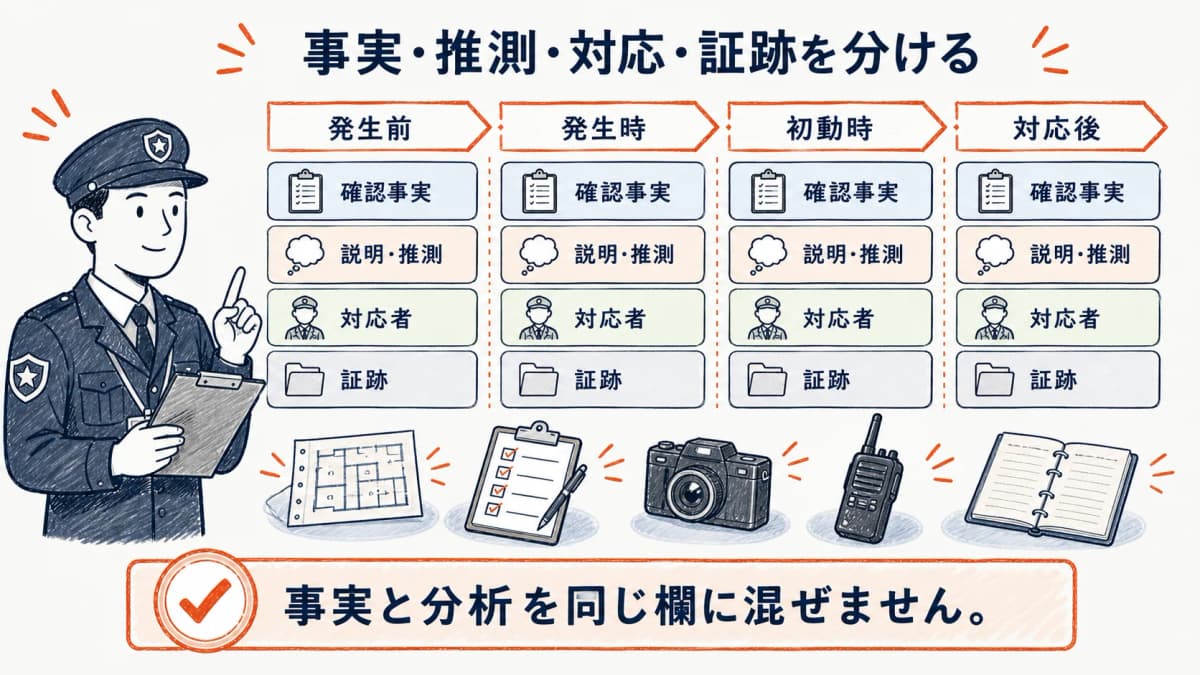 事故記録の事実・推測・対応・証跡を分けるマトリクス