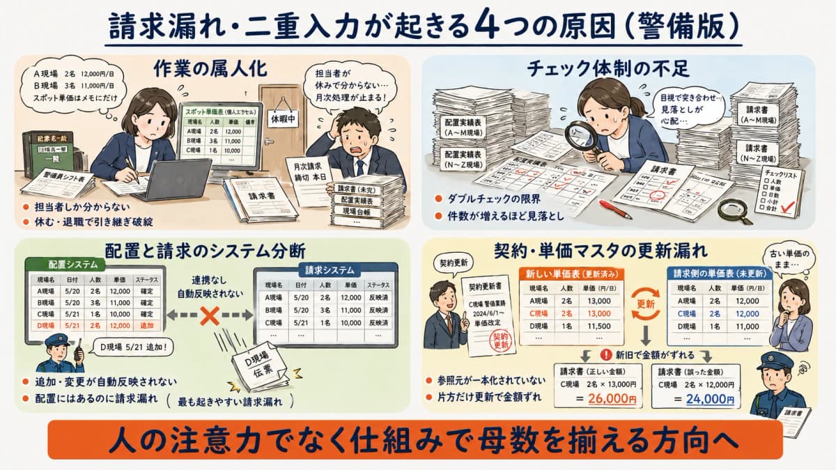 請求漏れ・二重入力を生む4つの原因の警備版マトリクス