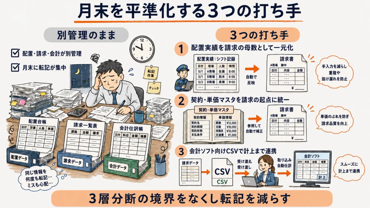 月末業務を平準化する3つの打ち手のBefore-After比較