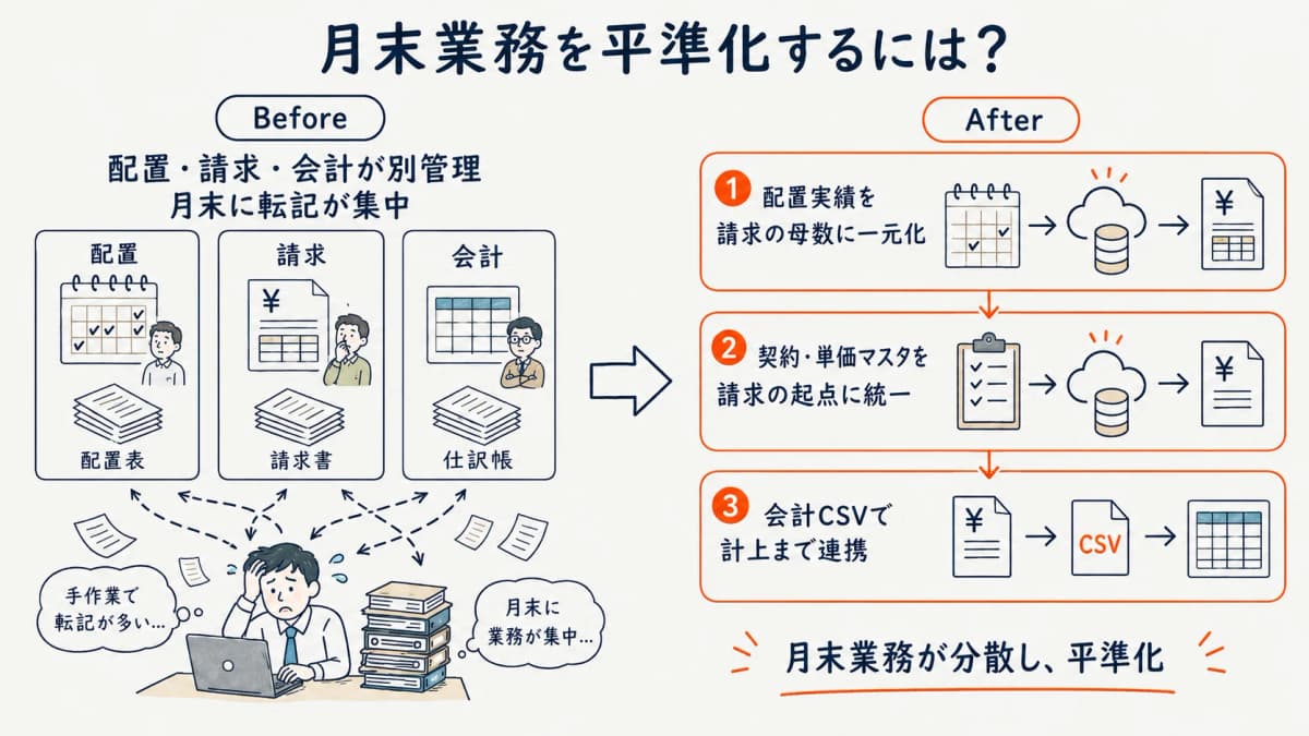 月末業務を平準化する3つの打ち手のBefore-After比較