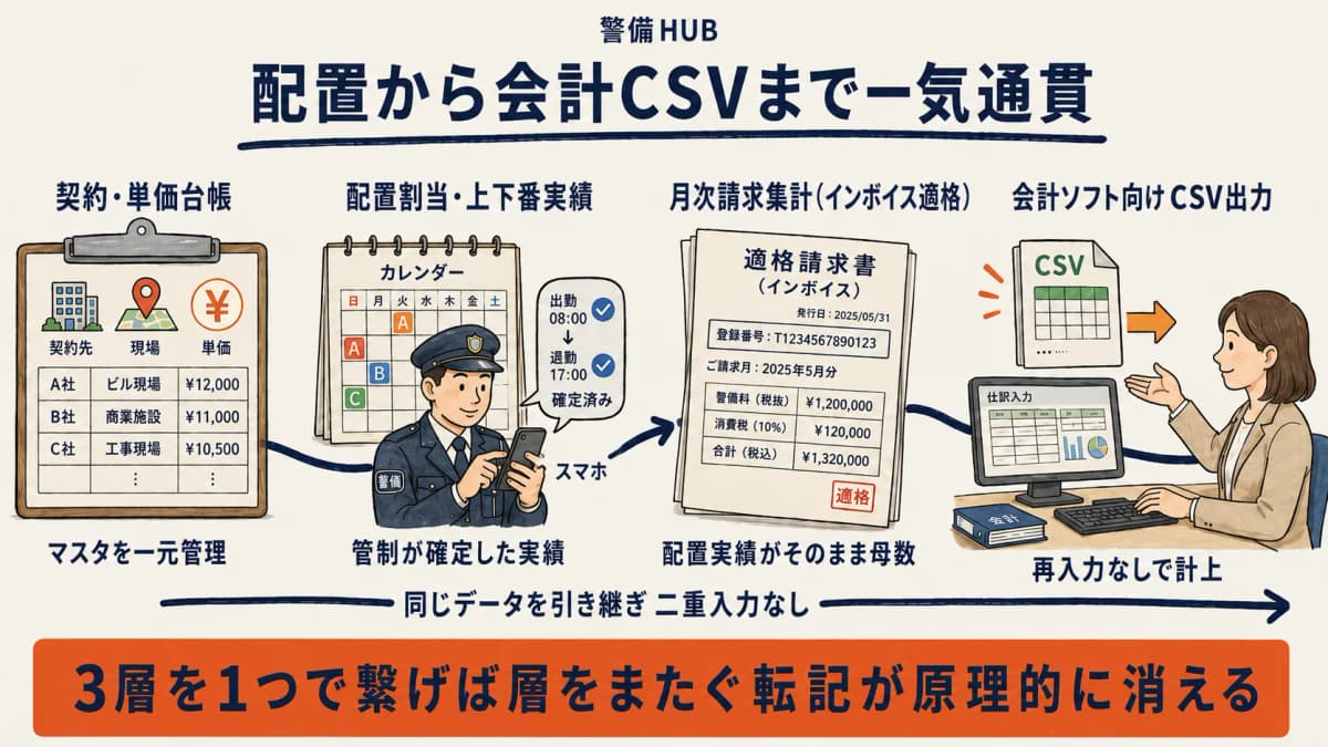 警備HUBで配置から会計CSVまで一気通貫に繋ぐデータフロー
