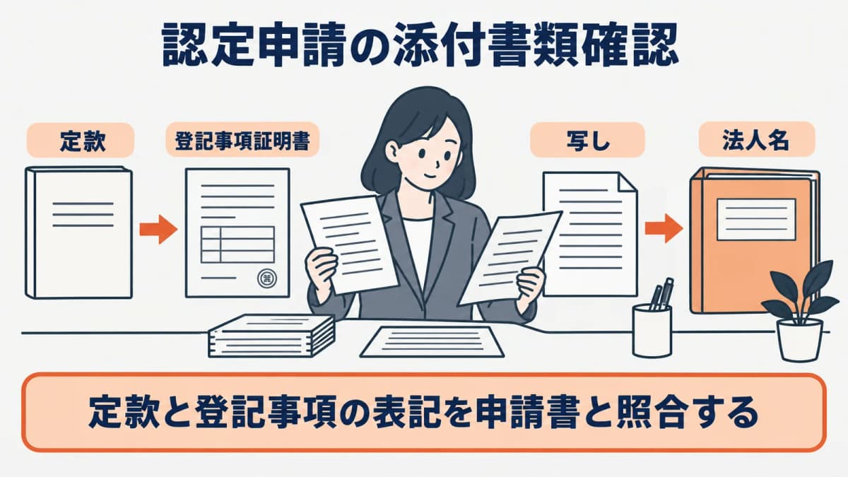 法人の認定申請に必要な添付書類を確認する図