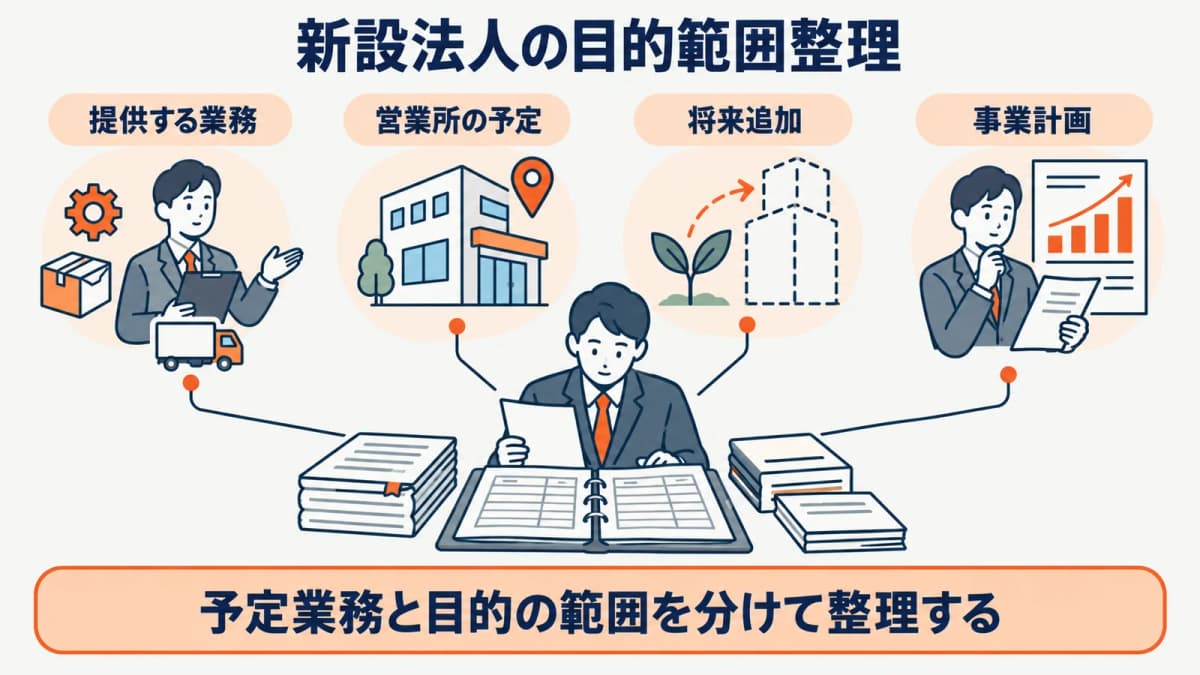 新設法人は事業計画から目的の範囲を整理する図
