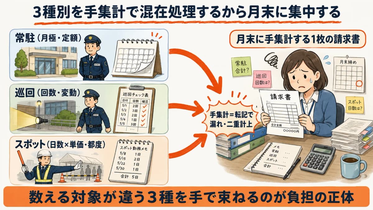 警備の請求集計が月末に集中する構造を、3種別の課金単位の違いから示した図