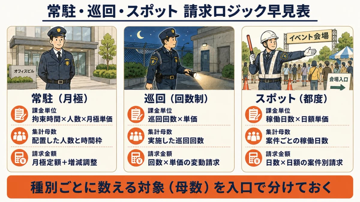 常駐・巡回・スポットの課金単位と集計母数を並べた請求ロジック早見表