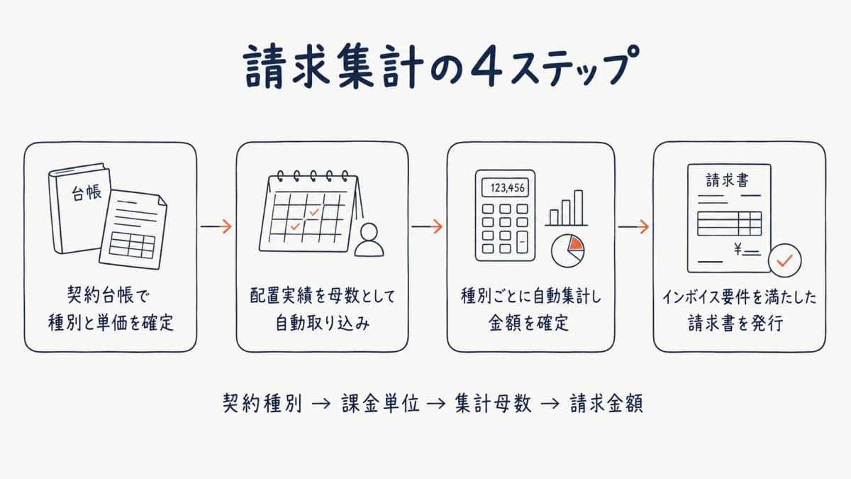 請求集計を契約種別→課金単位→集計母数→請求金額の4ステップに分解したプロセスフロー図