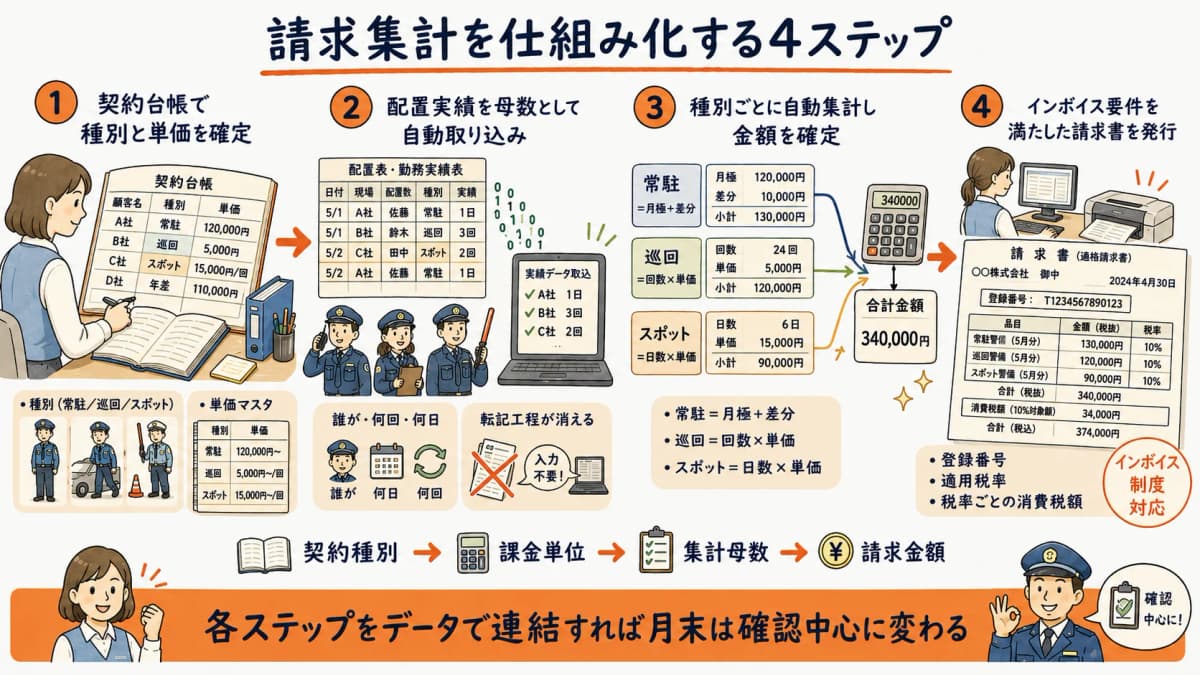 請求集計を契約種別→課金単位→集計母数→請求金額の4ステップに分解したプロセスフロー図