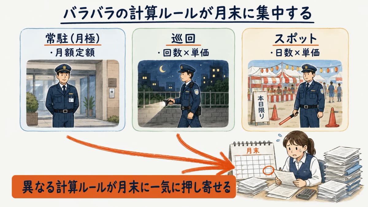 常駐・巡回・スポットの請求ロジックが混在する構造図