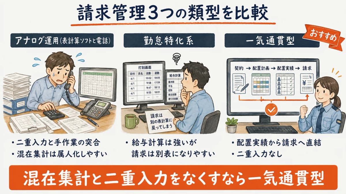 アナログ・勤怠特化系・一気通貫型の3類型比較表
