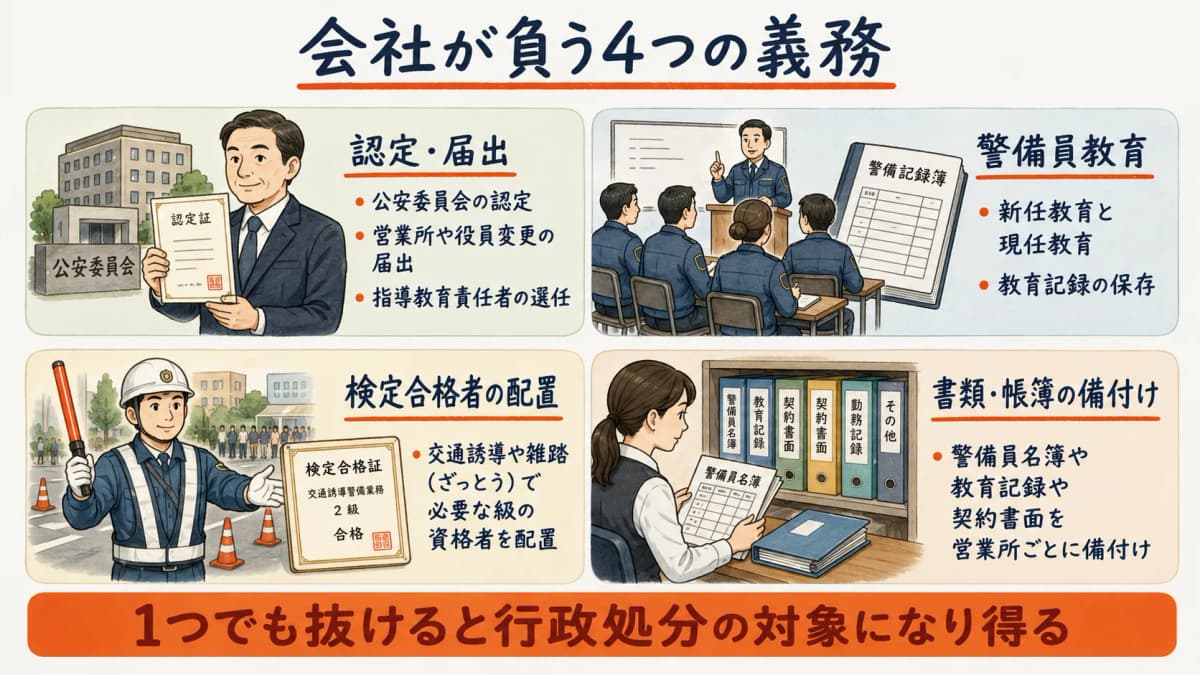 警備会社が負う4つの義務カテゴリの整理フレーム