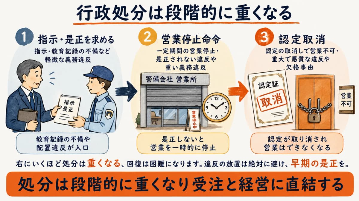 行政処分が段階的に重くなる流れの図