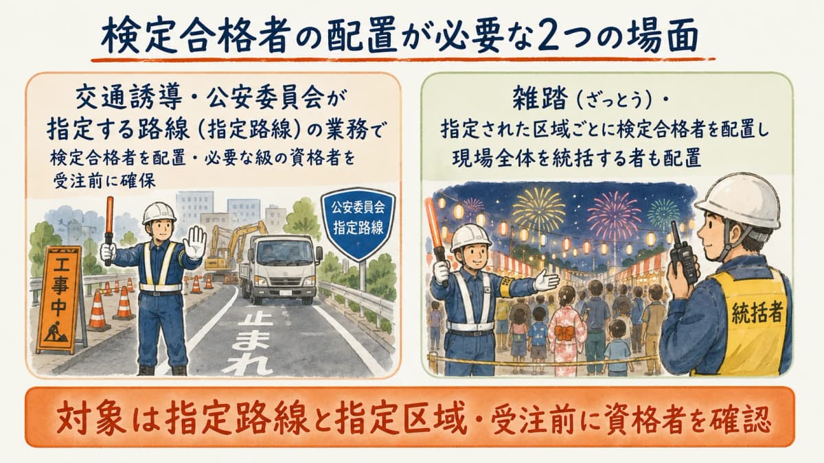検定合格者の配置義務がどの業務・場所で必要かを2つに並べて示す