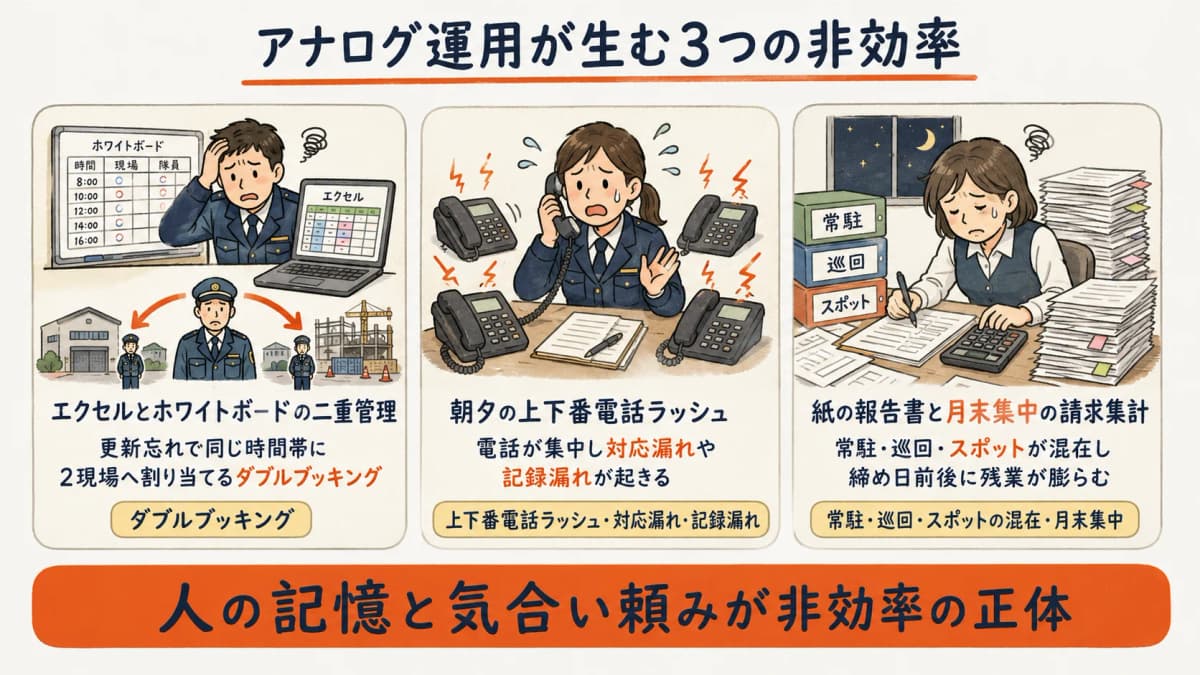 アナログ運用が生む3つの非効率を業務工程ごとに整理した図