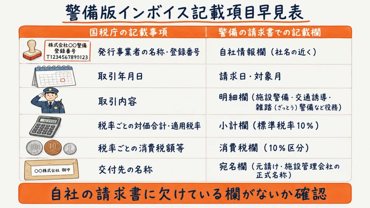 警備版インボイス記載項目早見表