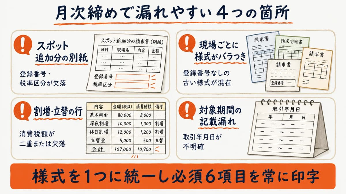 月次締めで記載漏れが起きやすい箇所