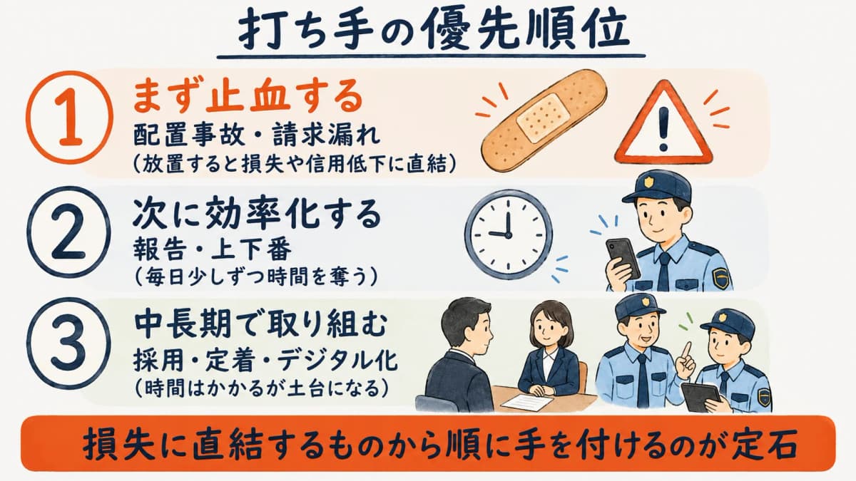 止血・効率化・中長期の3段階で経営課題の打ち手を並べた優先順位マトリクス
