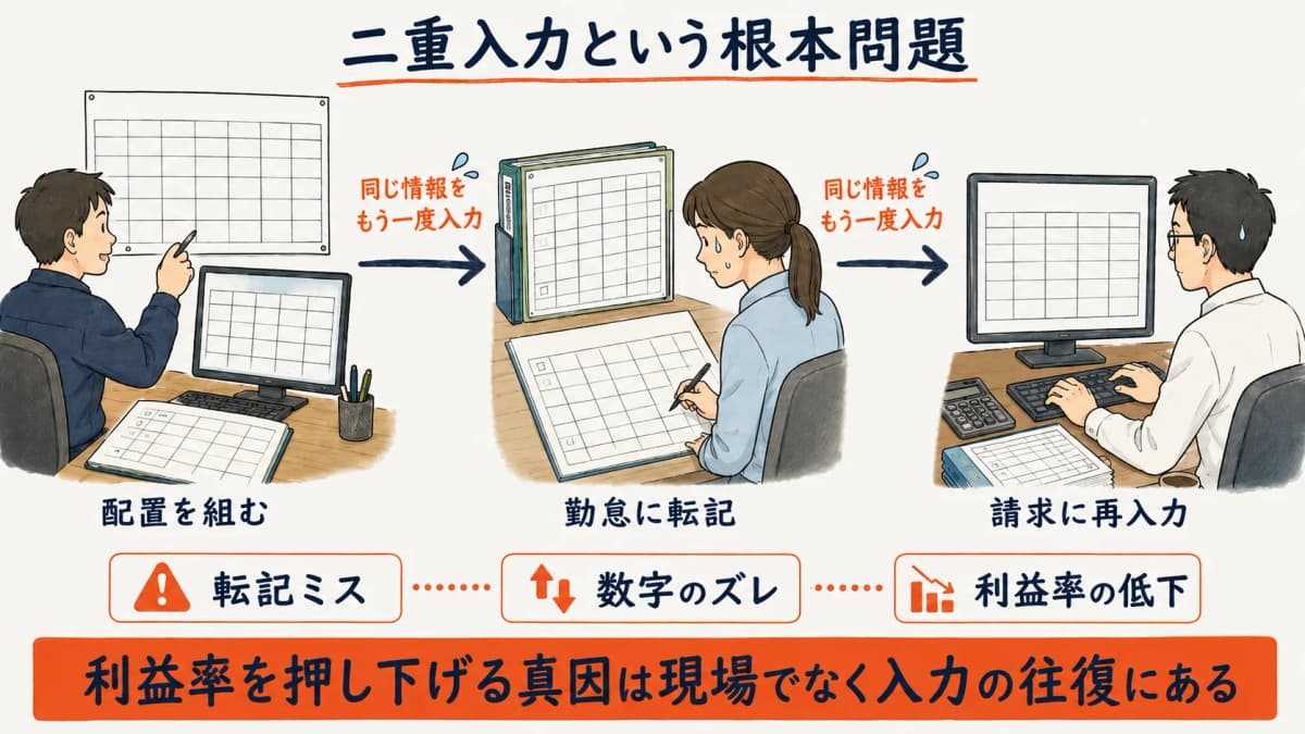 同じ情報を配置・勤怠・請求へ入力し直す二重入力の連鎖と、その結果としての転記ミス・利益率低下を示した図