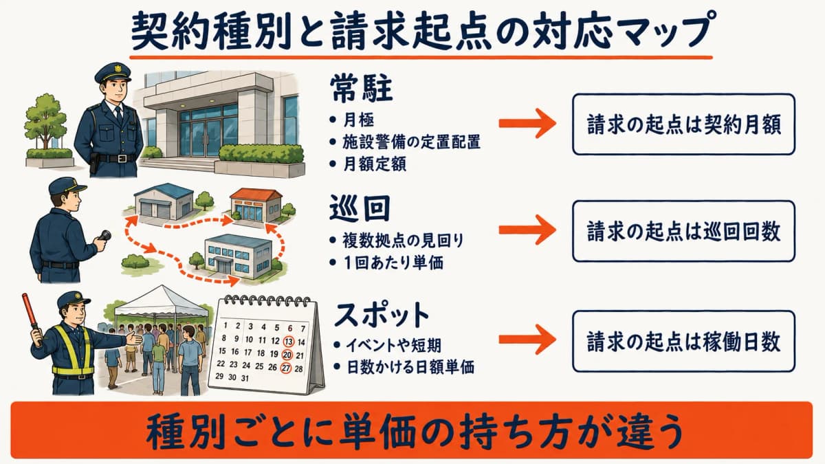 常駐・巡回・スポットの契約種別と請求起点の対応マップ