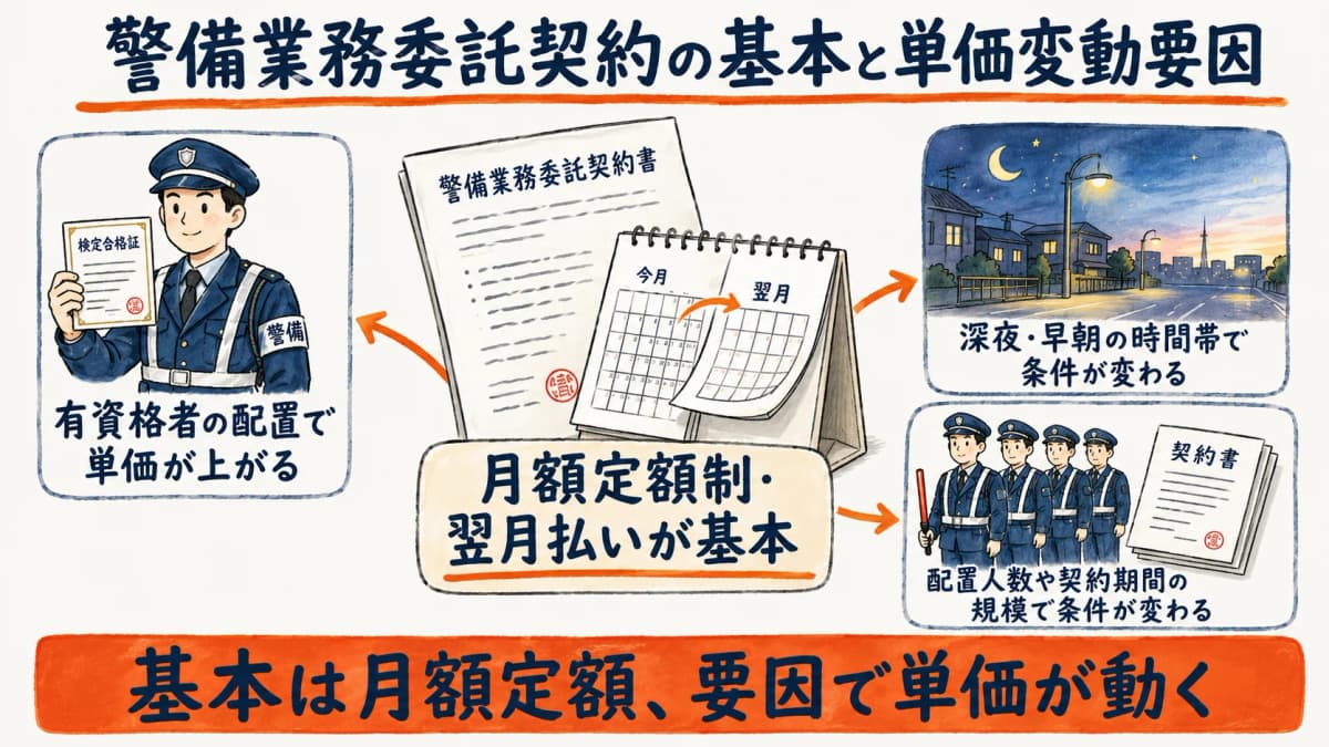 警備業務委託契約の基本構造と単価変動要因の整理図