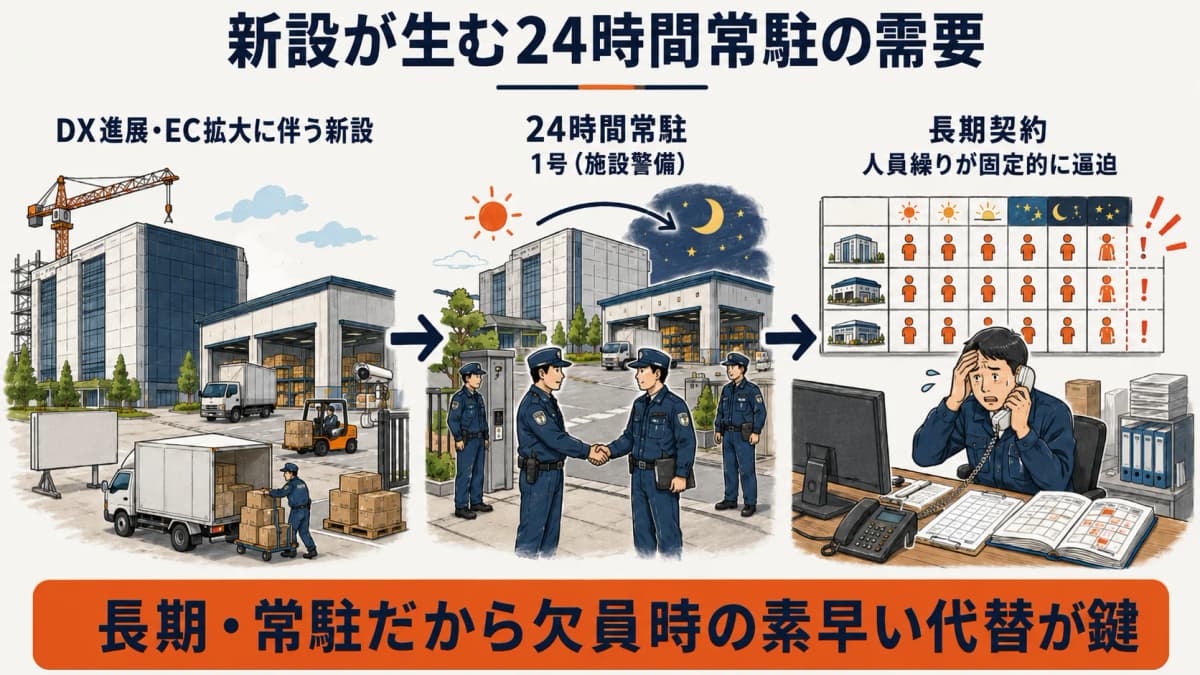 データセンターと物流施設の新設に伴う24時間常駐の施設警備需要が増える構造を示した図解