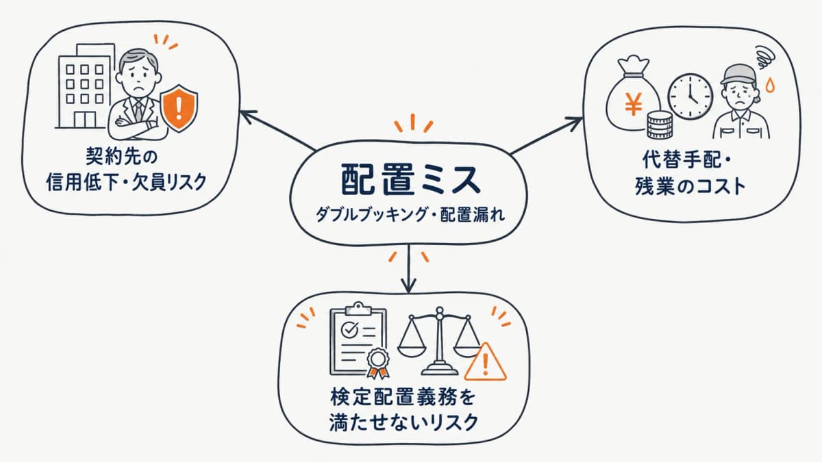 配置ミスが信用・コスト・法令の3面に波及する関係図