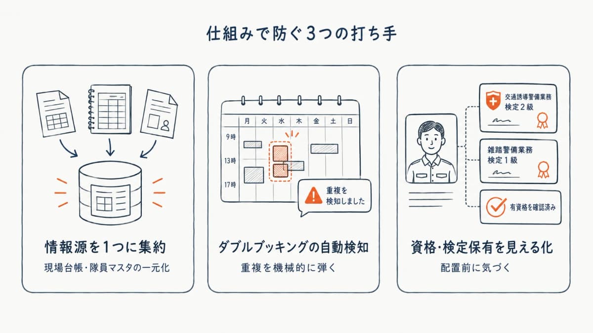 仕組みで防ぐ3つの打ち手を示したカード型の整理図