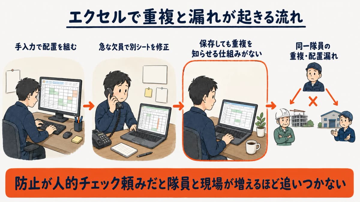 Excel配置表でダブルブッキングや配置漏れが、保存時の自動検知がないために構造的に発生する流れを示した図