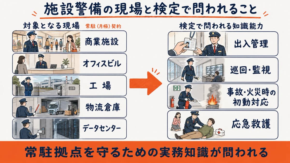 施設警備の対象現場と施設警備業務検定で問われる主な知識・能力の対応図
