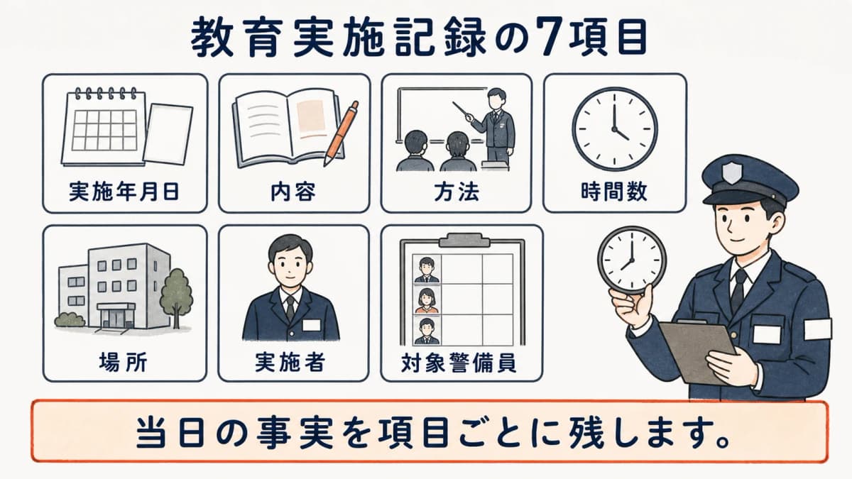 警備員教育の日時・内容・方法・時間数・場所の記録項目