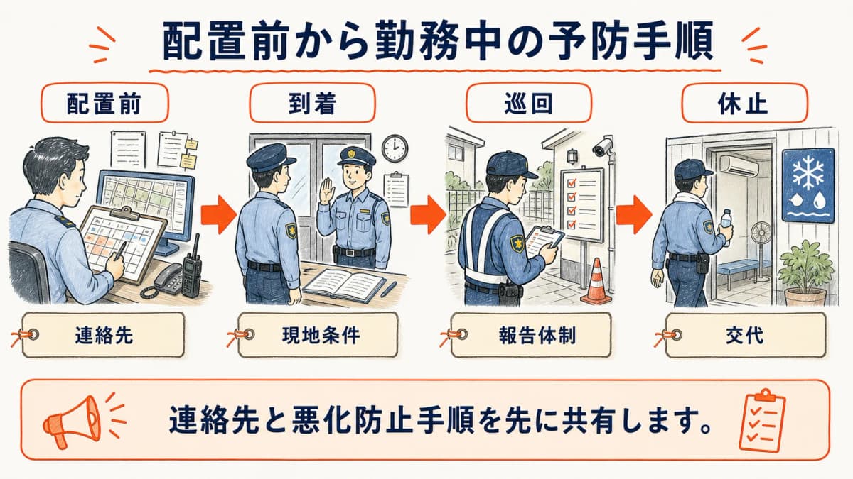 配置前から巡回までの熱中症予防手順