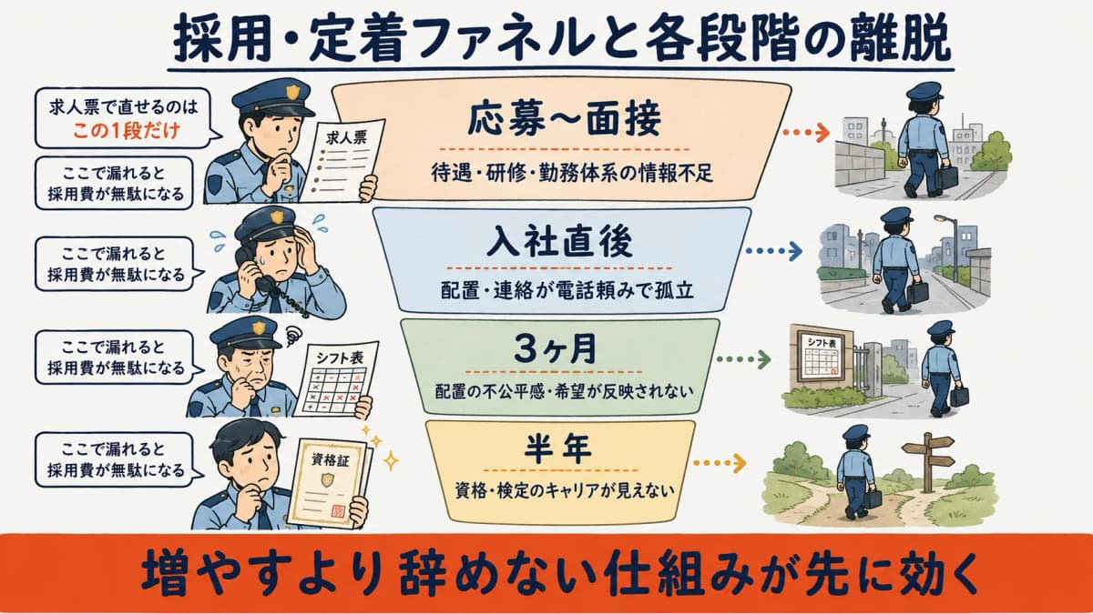 警備員の採用・定着ファネルと各段階の離脱要因