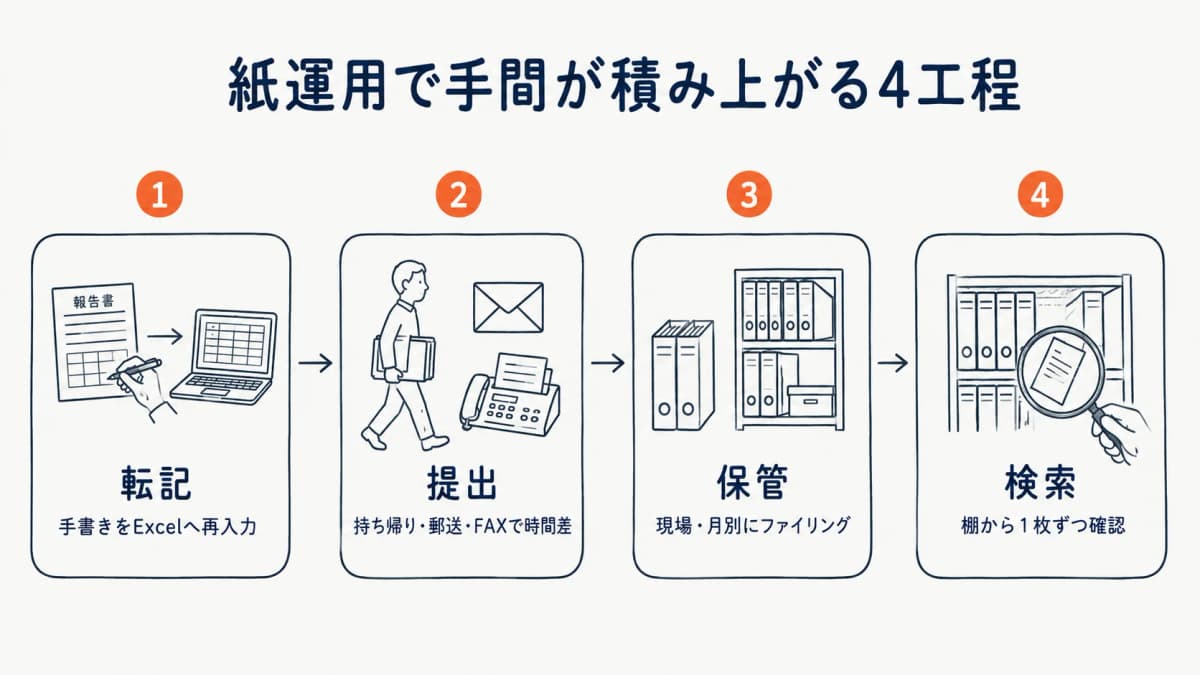 紙の報告書が転記・提出・保管・検索の各段階で手間を生むことを示したフロー図