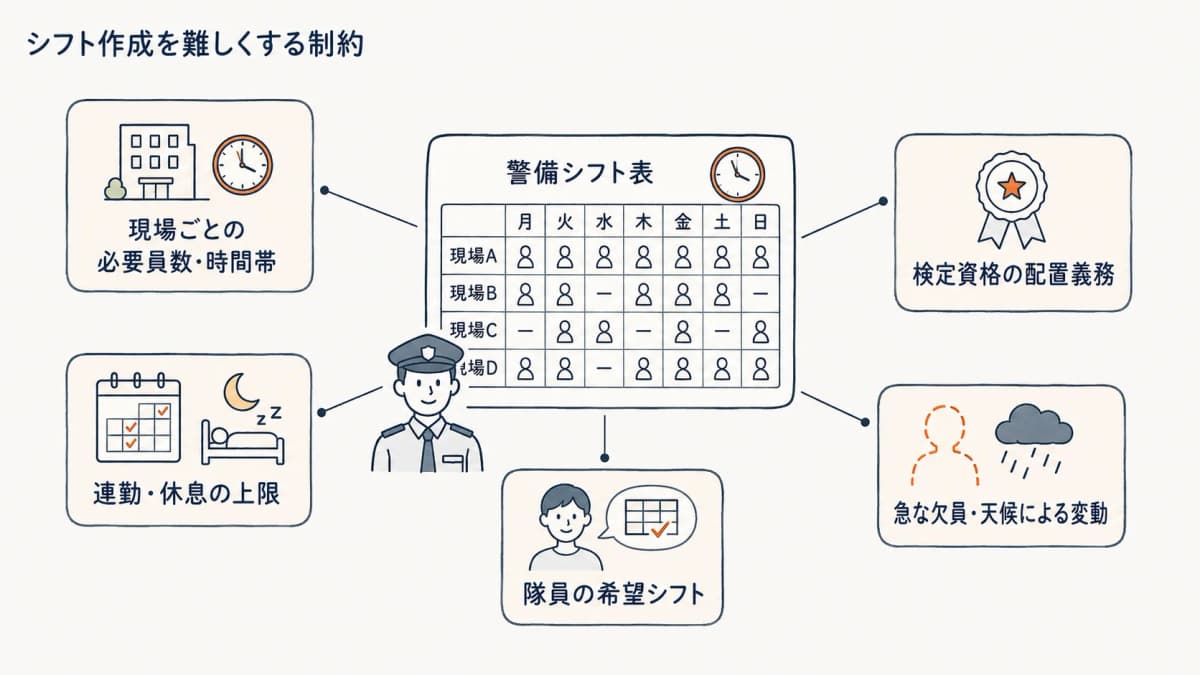 警備のシフト作成を難しくする5つの制約を一覧で示す図