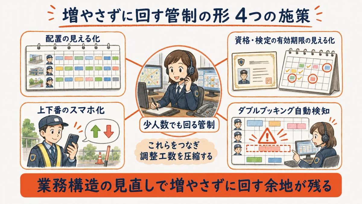 増やさずに回す管制の形を4つの施策の組み合わせとして示した放射状の図
