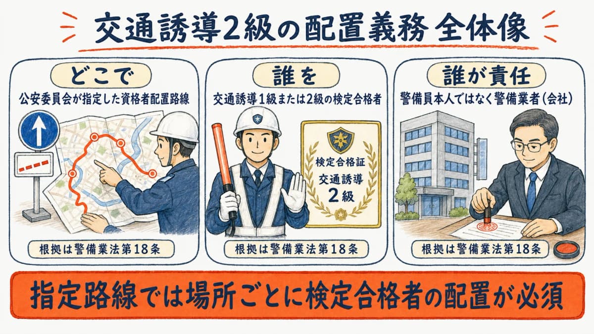 交通誘導警備2級の配置義務の全体像を示す図