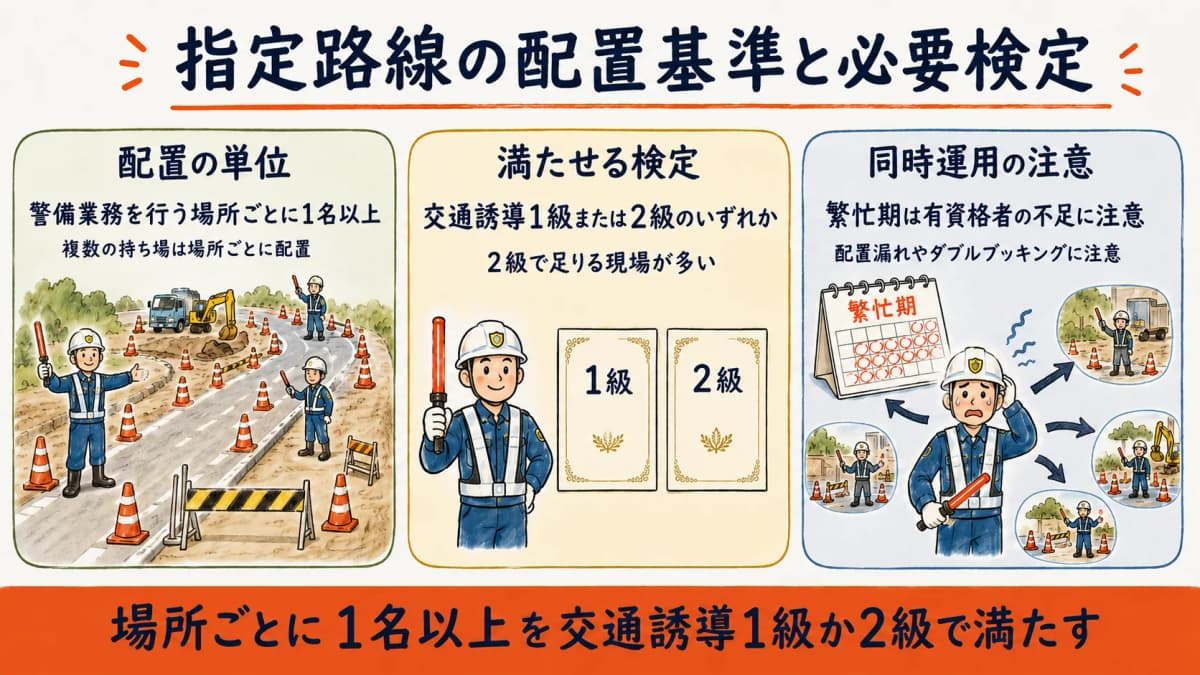 指定路線の配置基準と必要検定の関係を示す表