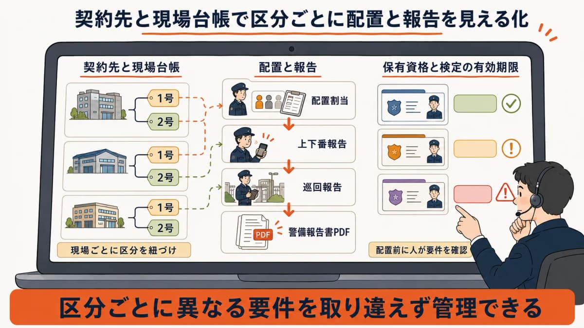 契約先・現場台帳で区分ごとに配置と報告を管理し、保有資格・検定の有効期限を見える化する警備業務管理システムの画面イメージ図