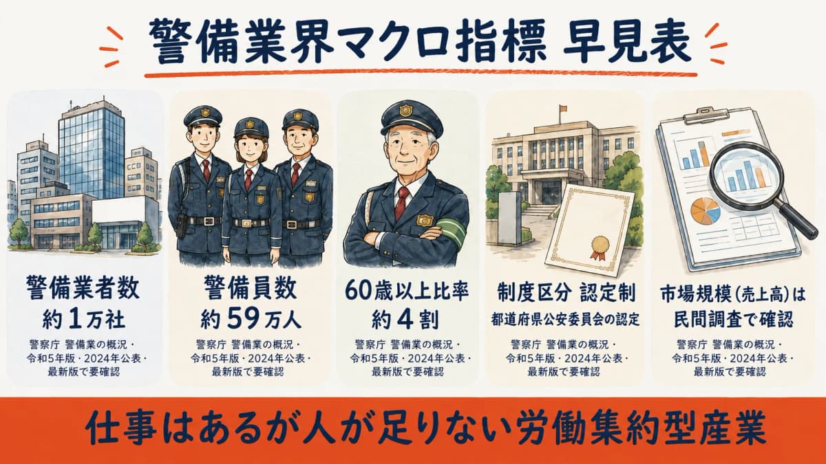 警備業者数・警備員数・60歳以上比率をまとめた警備業界マクロ指標の結論早見表。出典と公表年次を併記したイメージ図。