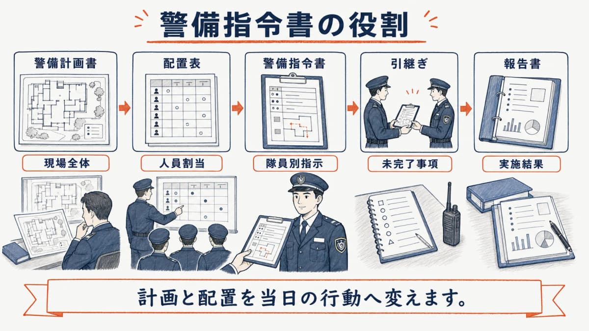 警備計画書から当日の隊員別指示へ変換する全体像