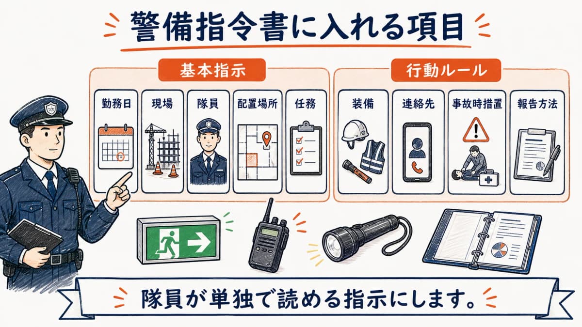 警備指令書の勤務日・現場・隊員・配置場所・任務の項目