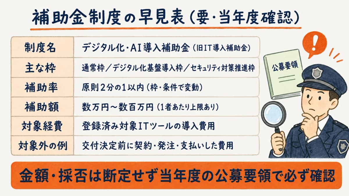 IT導入補助金(現デジタル化・AI導入補助金)の対象・補助率・上限は年度の公募要領で確認する必要があることを示した早見表イメージ図