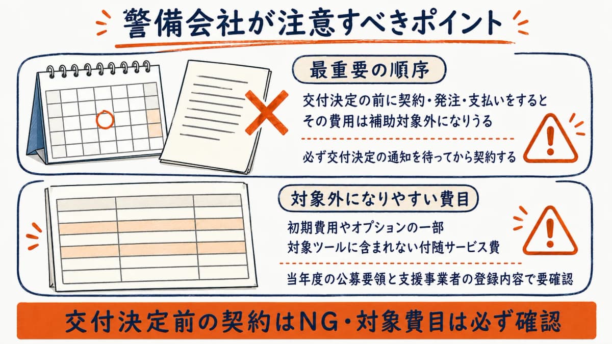 交付決定前の契約は補助対象外になること、対象外になりやすい費目を確認すべきことを示した注意点の図